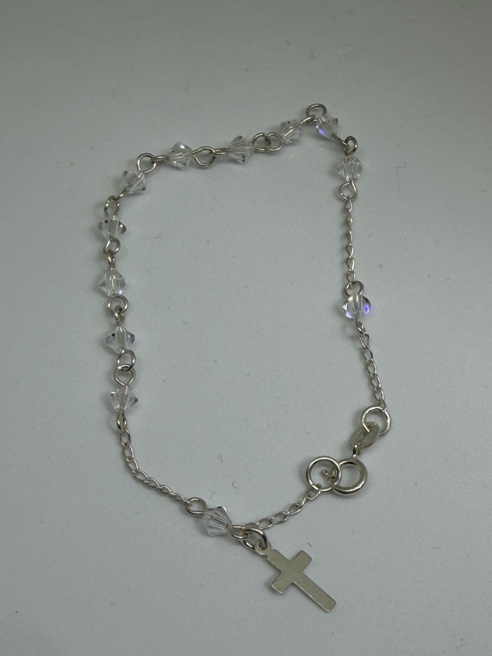 925 Sterling Silver 7” Crystal Glass Bead Cross Bracelet NEW
